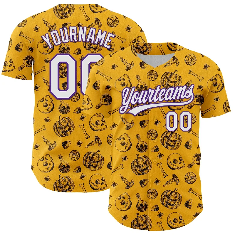 Baseball Jersey With Commemorative Patch-Custom Gold White-Purple 3D Halloween Authentic Baseball Jersey