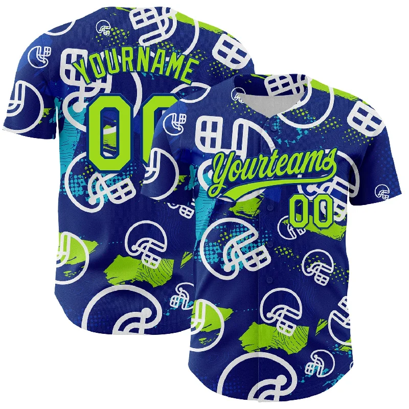 Baseball Jersey With Unique Font Styles-Custom Royal Neon Green-White 3D Pattern Design Football Helmet Authentic Baseball Jersey