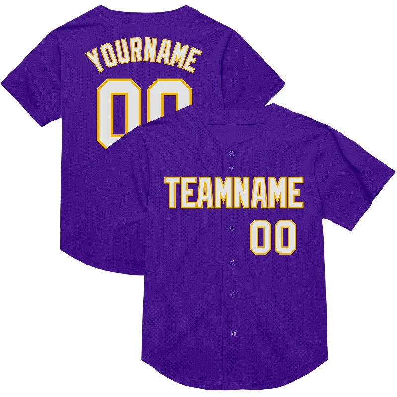 Baseball Jersey With Moisture-Wicking Tech-Custom Purple White-Gold Mesh Authentic Throwback Baseball Jersey