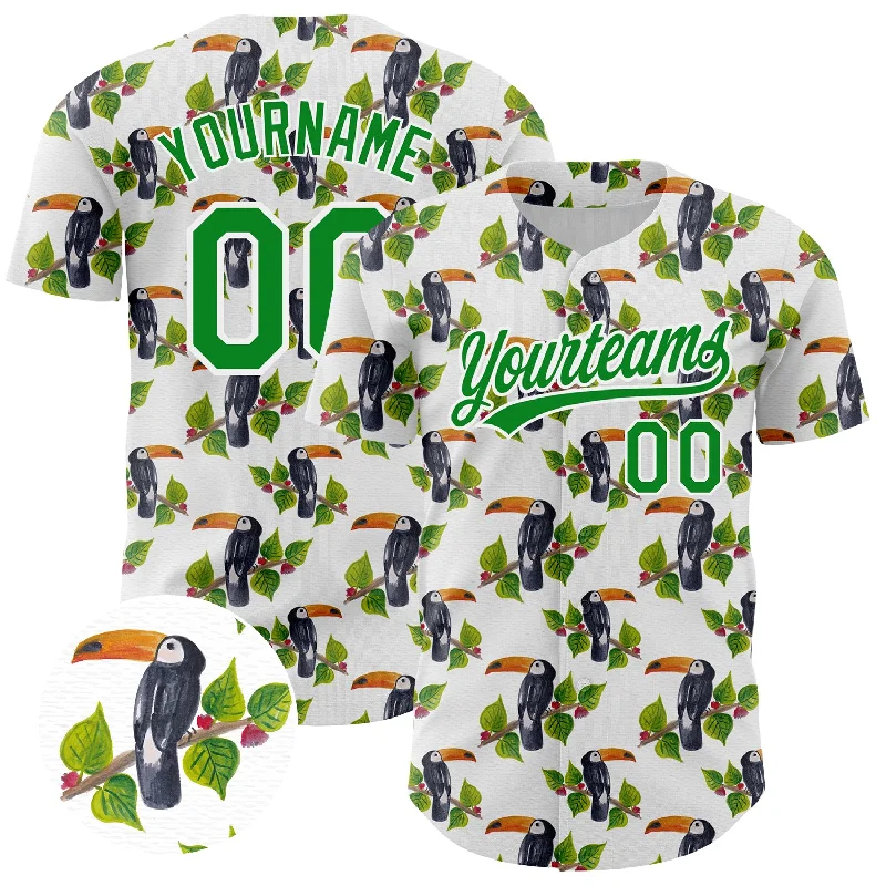 Baseball Jersey With Fade-Resistant Print-Custom White Grass Green 3D Pattern Design Animal Toucan And Tropical Hawaii Palm Leaves Authentic Baseball Jersey