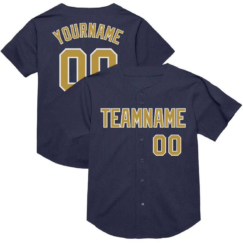 Baseball Jersey With Neon Colors-Custom Navy Old Gold-White Mesh Authentic Throwback Baseball Jersey