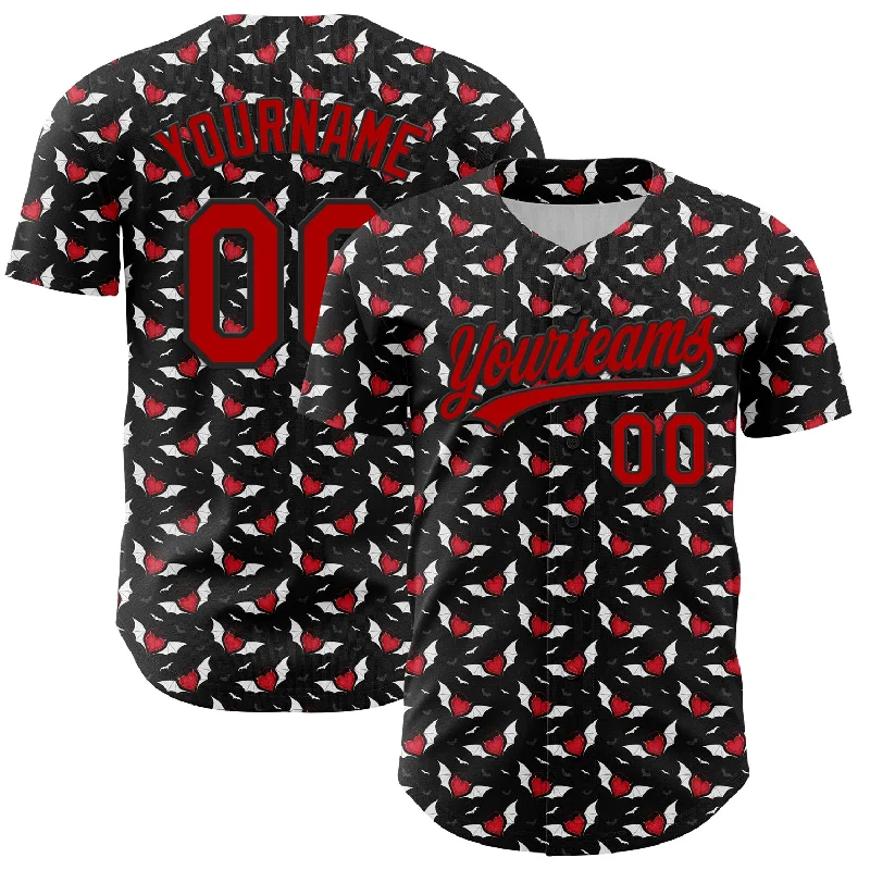 Baseball Jersey With Heat-Pressed Graphics-Custom Black Red 3D Pattern Design Gothic Style Devil Heart Authentic Baseball Jersey