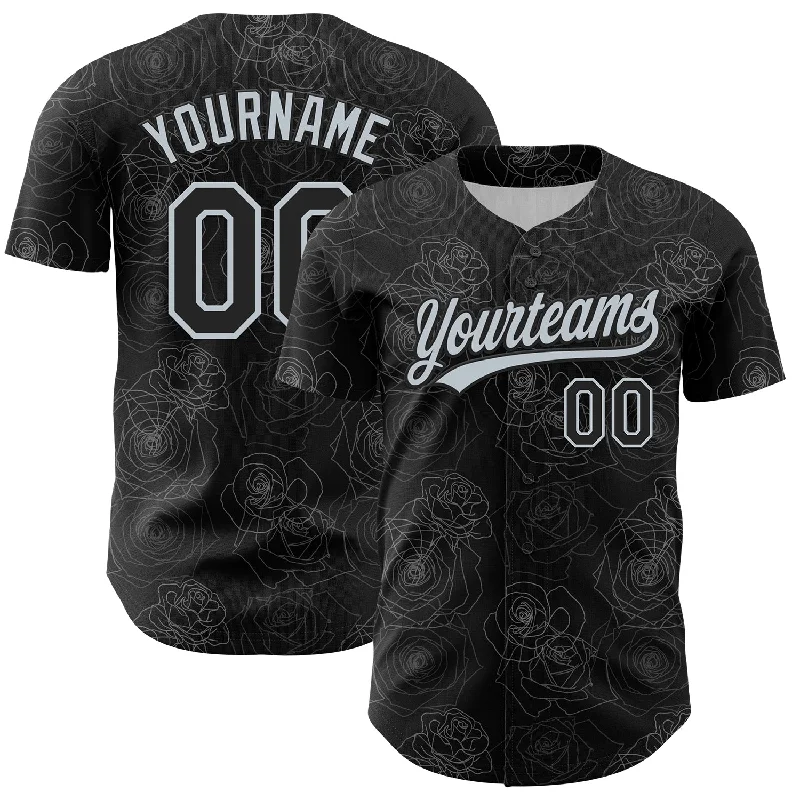 Baseball Jersey With Replica Design-Custom Black Silver 3D Pattern Design Gothic Style Rose Authentic Baseball Jersey