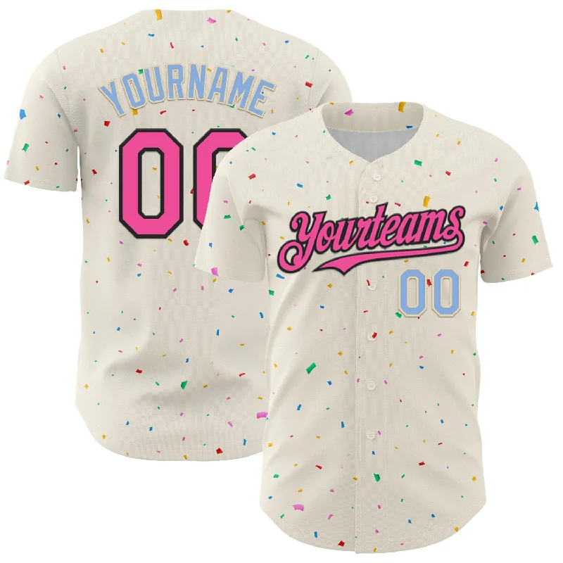 Baseball Jersey With Graffiti-Style Design-Custom Cream Pink Black-Light Blue 3D Pattern Design Confetti Authentic Baseball Jersey