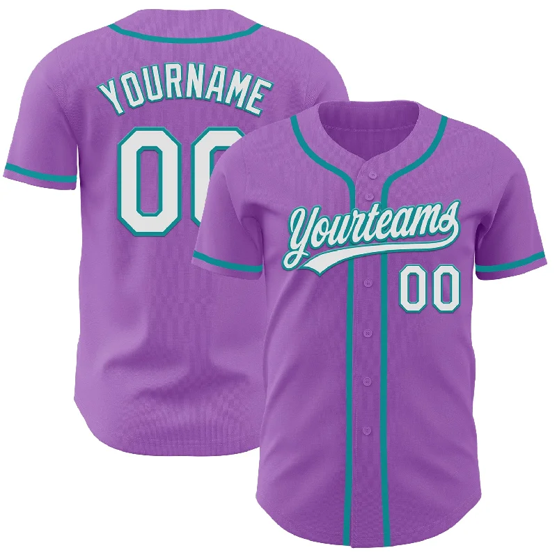 Baseball Jersey With Heat-Pressed Graphics-Custom Medium Purple White-Teal Authentic Baseball Jersey