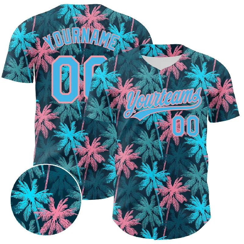 Baseball Jersey With City Edition-Custom Black Sky Blue-Medium Pink 3D Pattern Design Tropical Hawaii Palm Trees Authentic Baseball Jersey