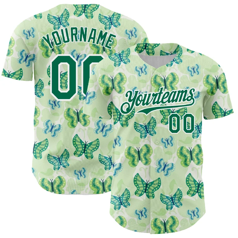 Baseball Jersey With Metallic Details-Custom White Kelly Green 3D Pattern Design Animal Butterfly Authentic Baseball Jersey