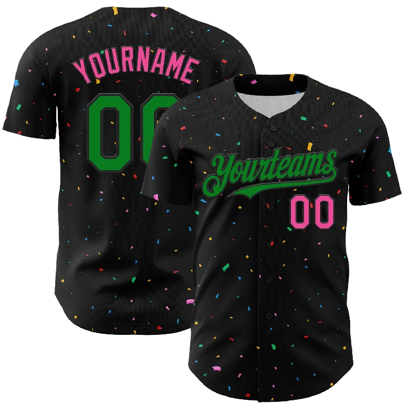 Baseball Jersey With 3D Embroidery-Custom Black Grass Green-Pink 3D Pattern Design Confetti Authentic Baseball Jersey