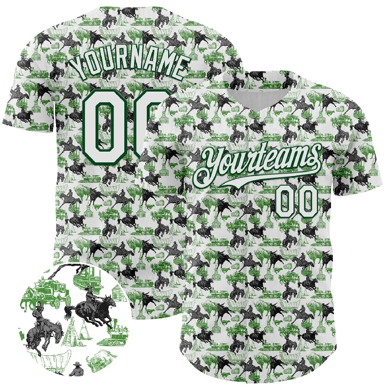 Baseball Jersey With Metallic Details-Custom White Green 3D Pattern Design Rodeo Cowboy Authentic Baseball Jersey