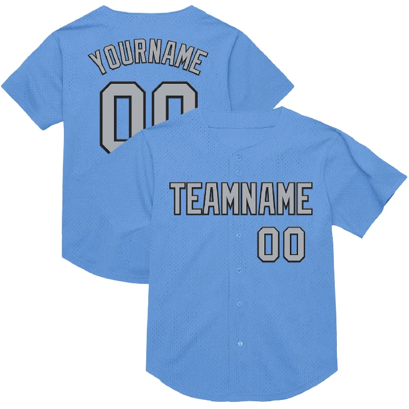 Baseball Jersey With Mesh Fabric-Custom Light Blue Gray-Black Mesh Authentic Throwback Baseball Jersey