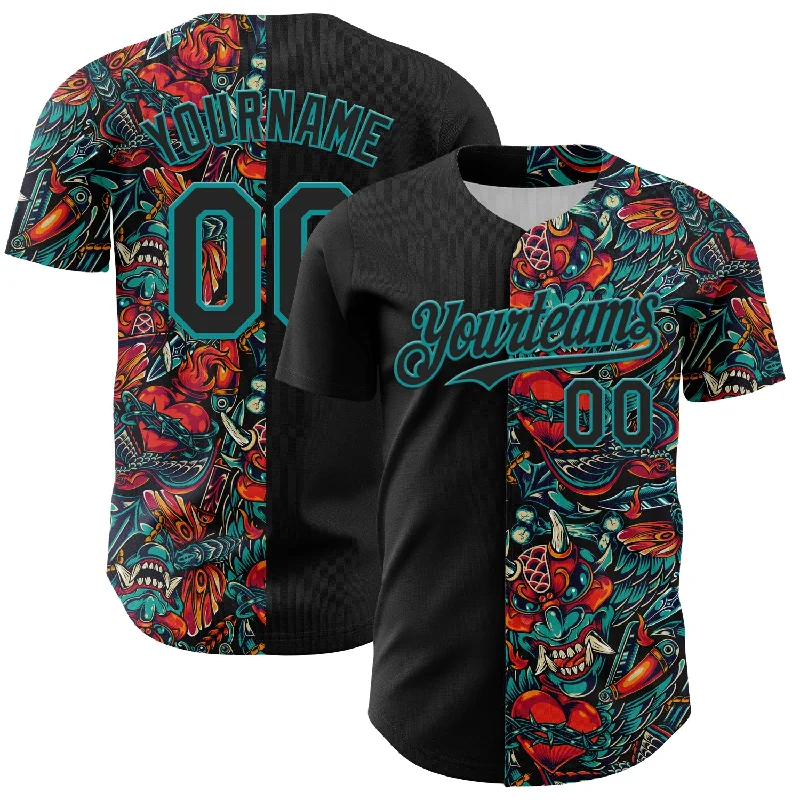 Baseball Jersey With Buttons-Custom Black Teal 3D Pattern Design Vintage Tattoos Authentic Baseball Jersey