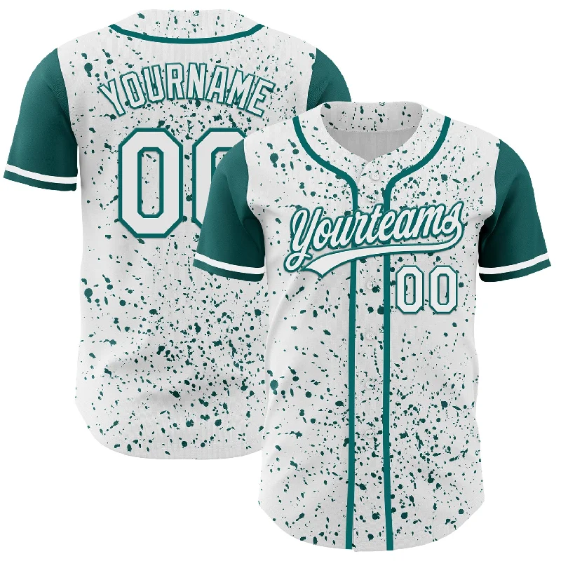 Baseball Jersey With Championship Edition-Custom White Teal 3D Pattern Design Abstract Splatter Ink Authentic Baseball Jersey