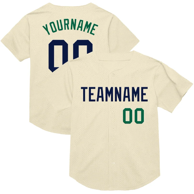 Baseball Jersey With Tear-Resistant Fabric-Custom Cream Navy-Kelly Green Mesh Authentic Throwback Baseball Jersey