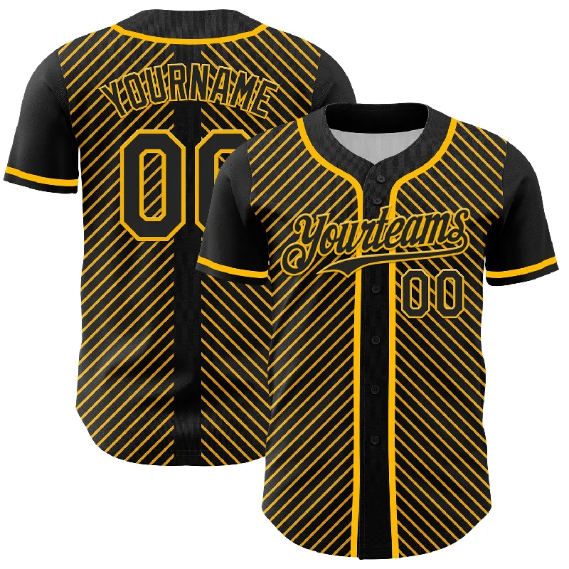 Baseball Jersey With Cotton Blend-Custom Black Gold 3D Pattern Design Diagonal Stripes Authentic Baseball Jersey