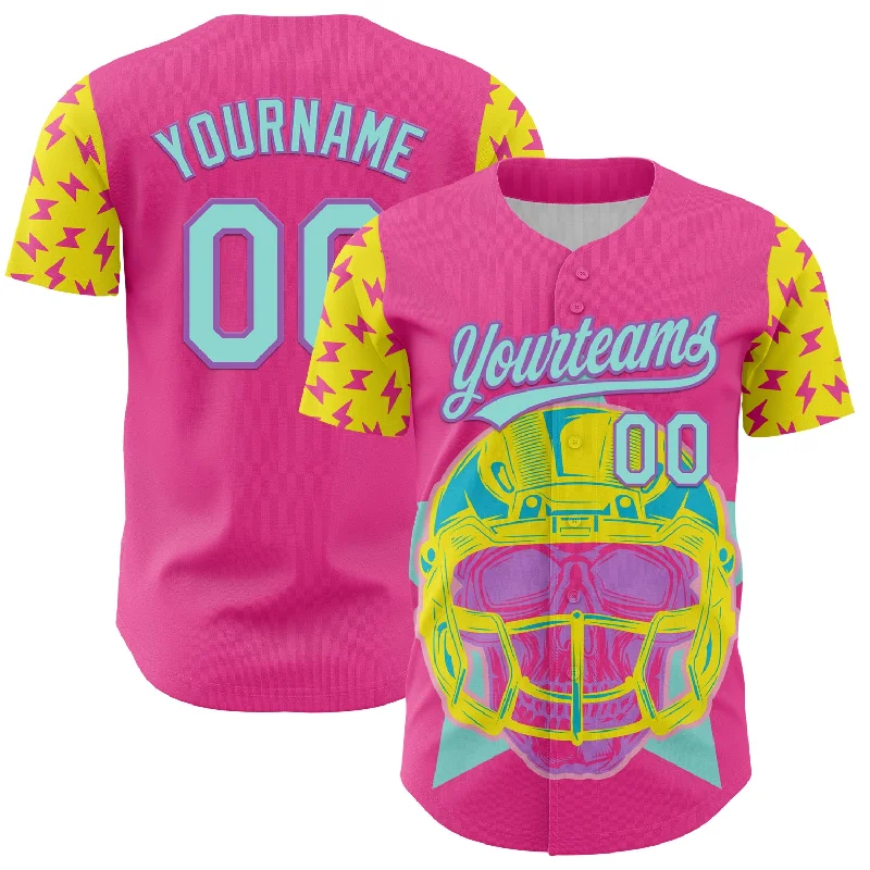 Baseball Jersey With Pop Culture References-Custom Pink Ice Blue Medium Purple-Light Yellow 3D Pattern Design Football Skull Helmet Authentic Baseball Jersey