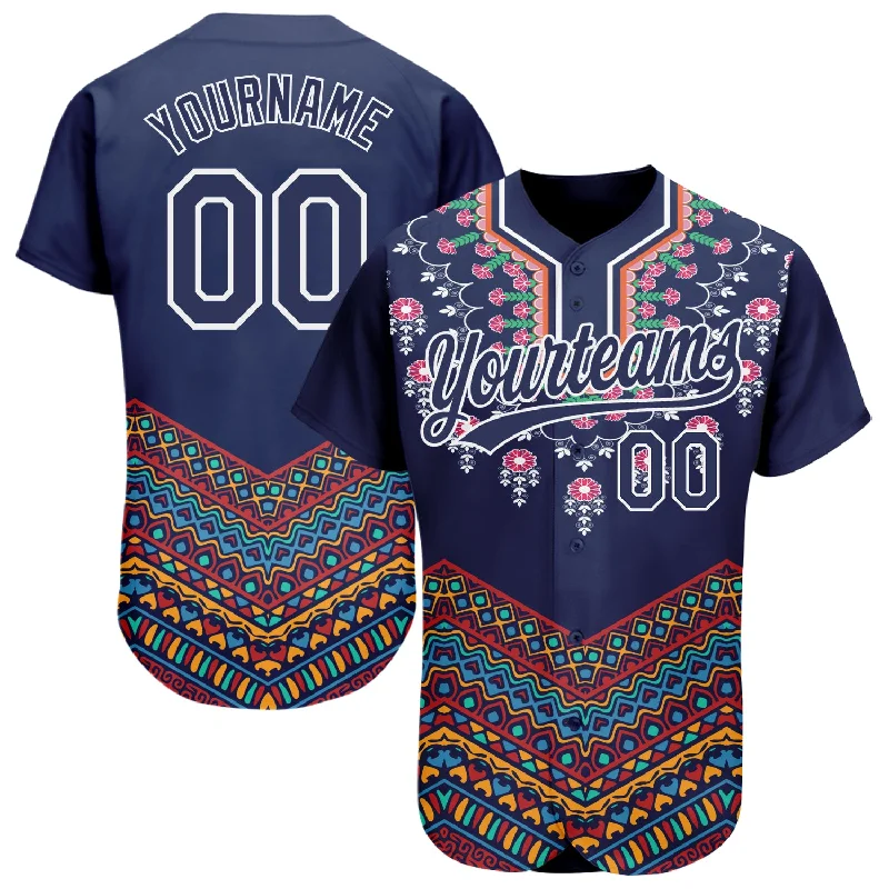 Baseball Jersey With Bold Graphic Print-Custom Navy White 3D Pattern Design Vintage Floral African Ethnic Style Authentic Baseball Jersey