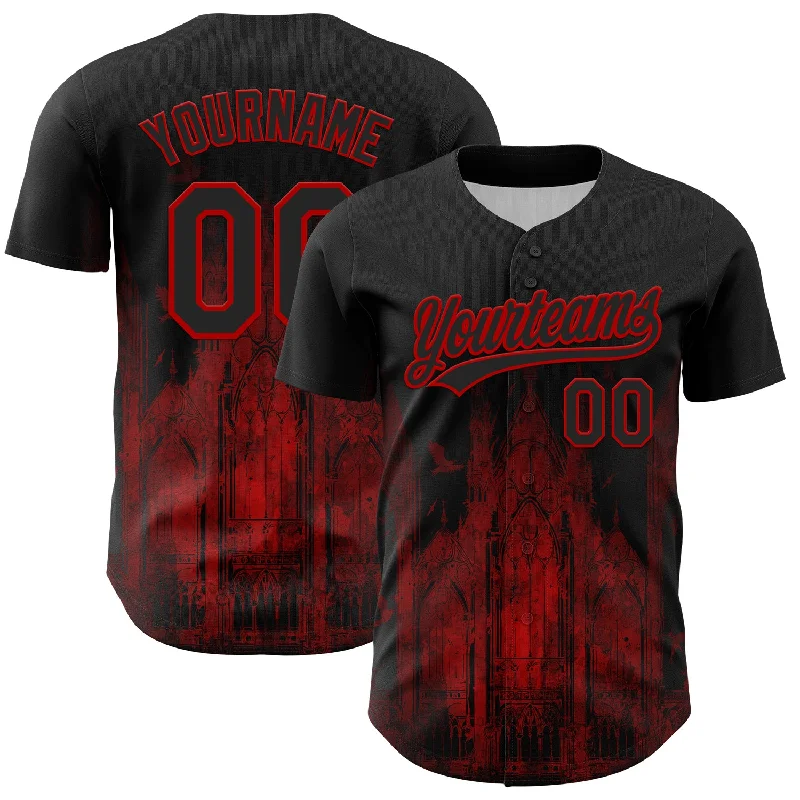 Baseball Jersey With Recycled Polyester-Custom Black Red 3D Pattern Design Palace Gothic Style Church Authentic Baseball Jersey