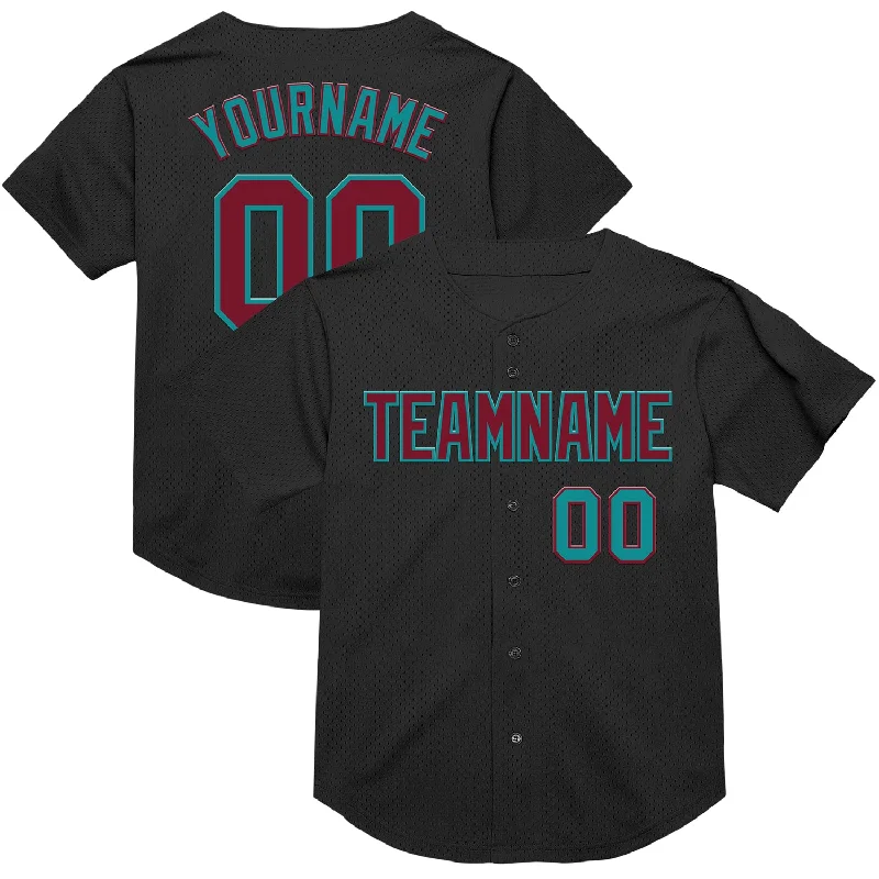 Baseball Jersey With Buttons-Custom Black Crimson-Teal Mesh Authentic Throwback Baseball Jersey