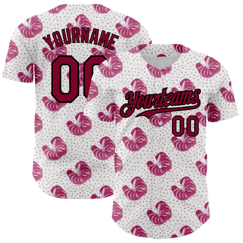 Baseball Jersey For Travel Teams-Custom White Maroon-Black 3D Pattern Design Tropical Anthurium Flower Authentic Baseball Jersey