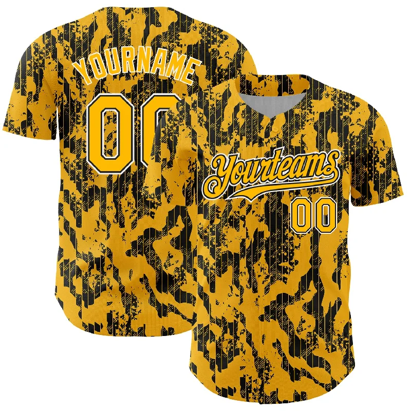 Baseball Jersey With Round Neck-Custom Gold Black-White 3D Pattern Design Abstract Fluid Authentic Baseball Jersey