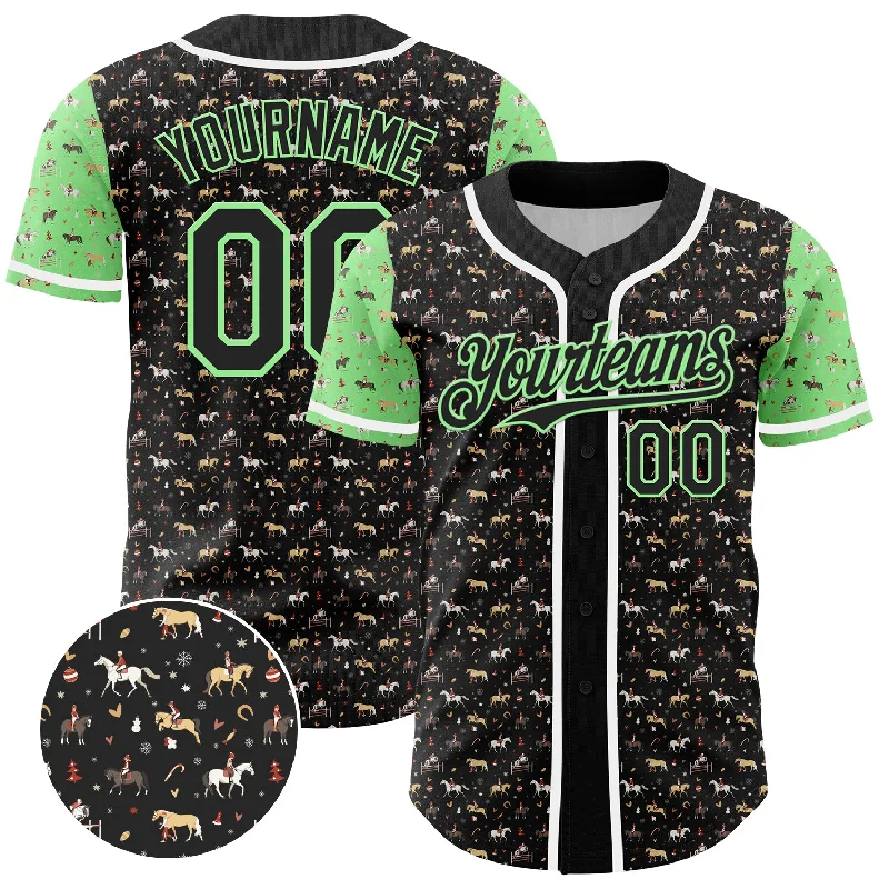 Baseball Jersey With Quarter-Zip-Custom Black Pea Green-White 3D Pattern Design Rodeo Cowboy Authentic Baseball Jersey