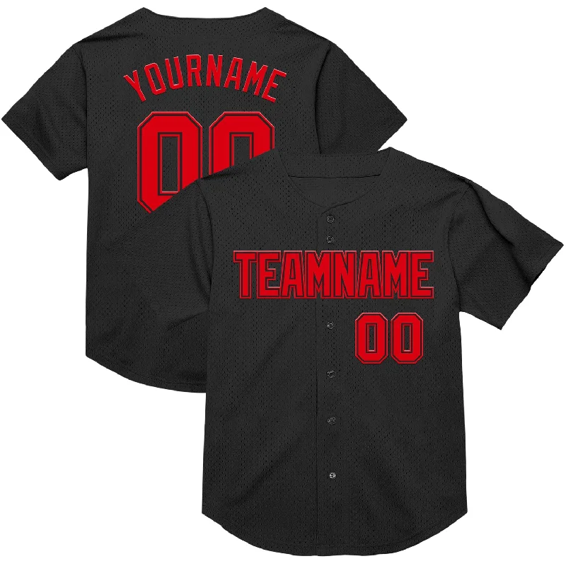 Baseball Jersey With Puffy Print-Custom Black Fire Red Mesh Authentic Throwback Baseball Jersey