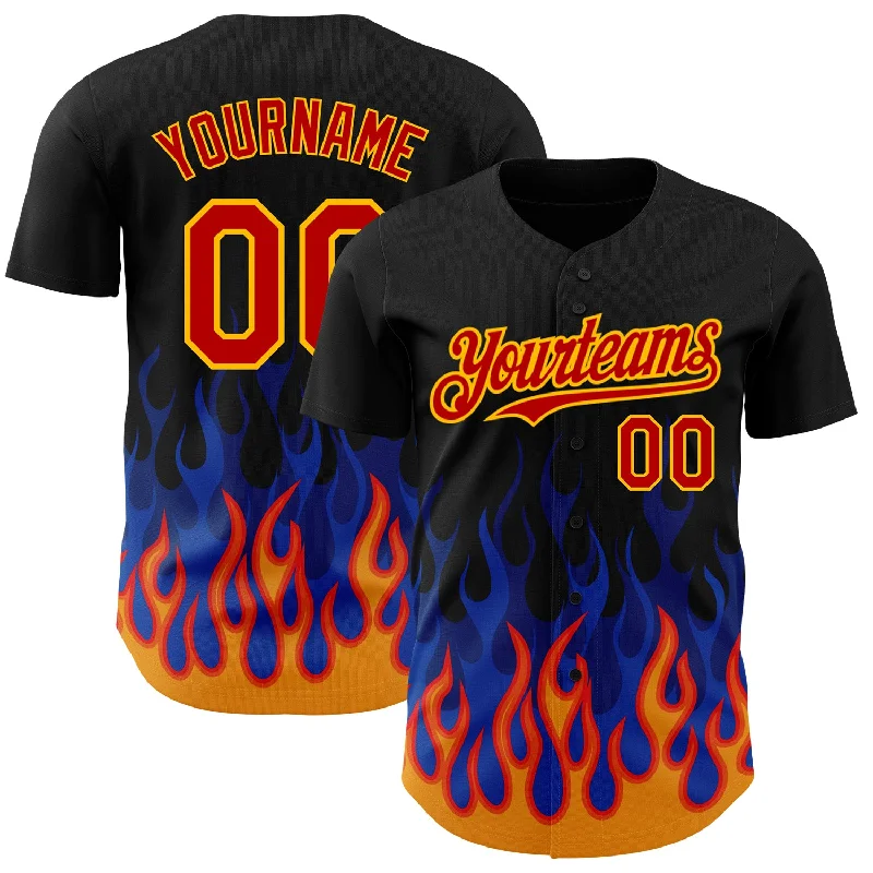 Baseball Jersey With Bold Lettering-Custom Black Red-Gold 3D Pattern Design Flame Authentic Baseball Jersey