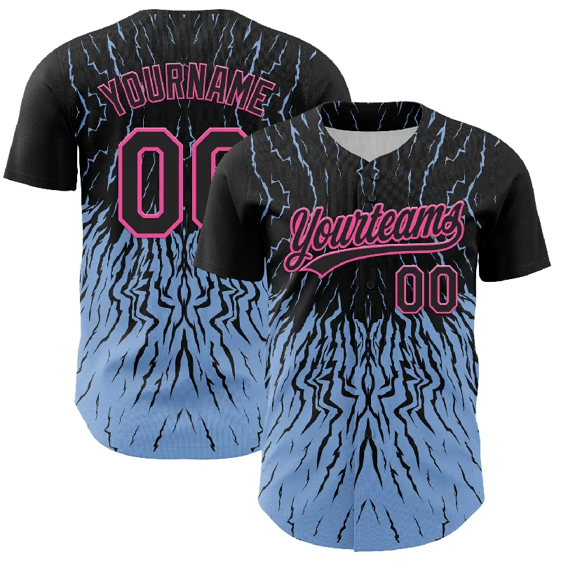 Baseball Jersey With Metallic Numbers-Custom Black Light Blue-Pink 3D Pattern Design Abstract Wave Authentic Baseball Jersey