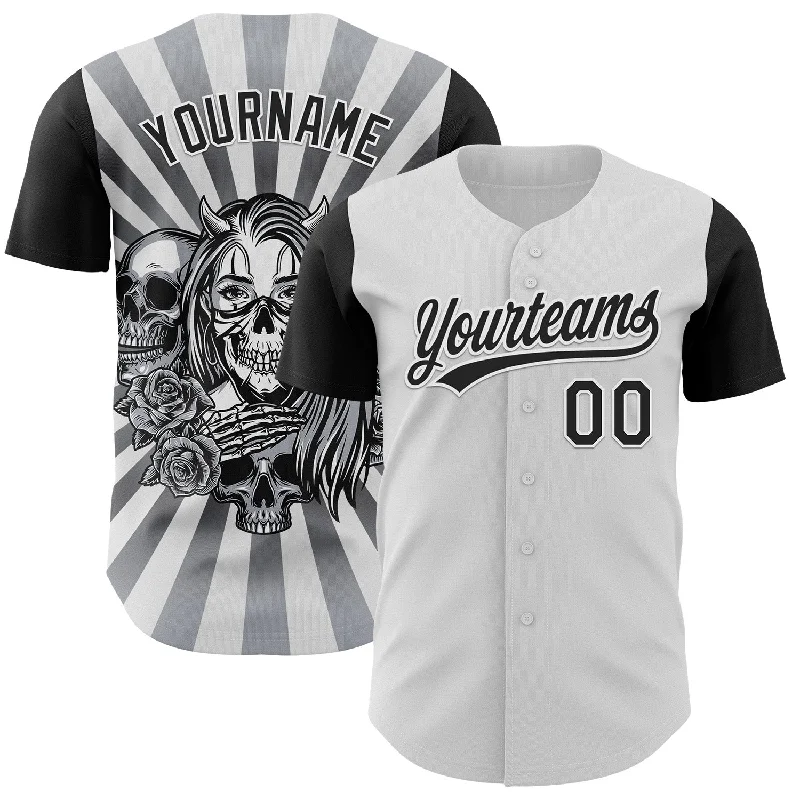 Baseball Jersey For Little League-Custom White Black 3D Pattern Halloween Skull Authentic Baseball Jersey