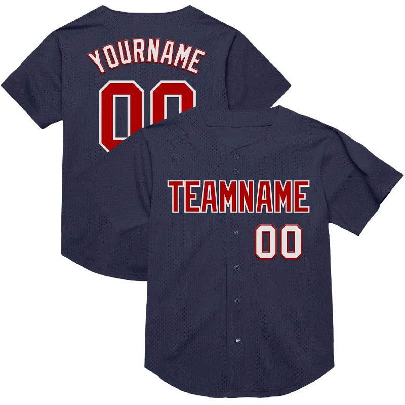 Baseball Jersey With Water Resistance-Custom Navy Red-White Mesh Authentic Throwback Baseball Jersey