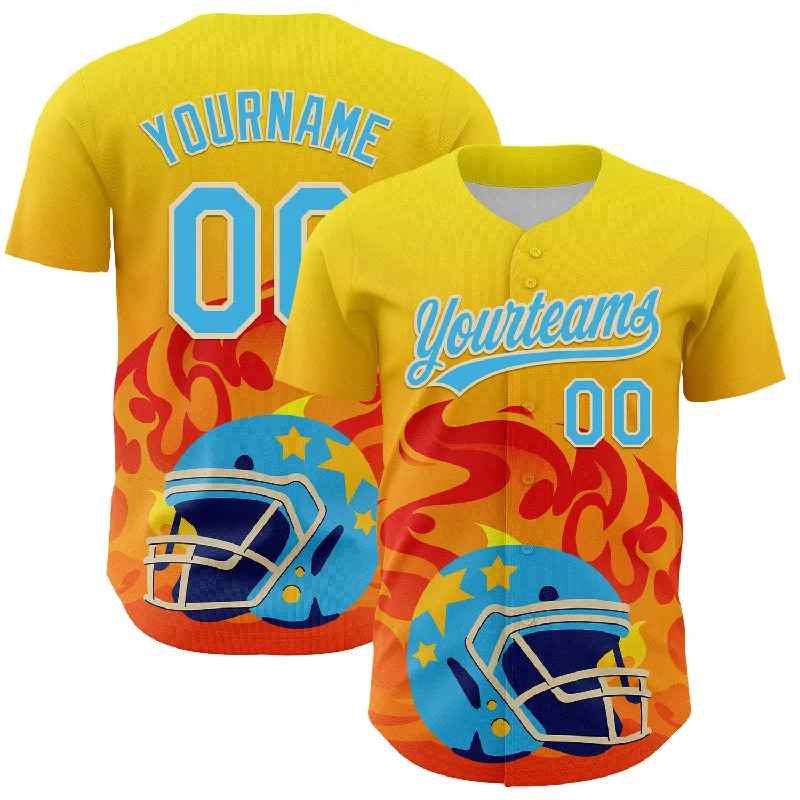 Baseball Jersey With Comic Book Theme-Custom Light Yellow Sky Blue Orange-Cream 3D Pattern Design Flame Football Helmet Authentic Baseball Jersey