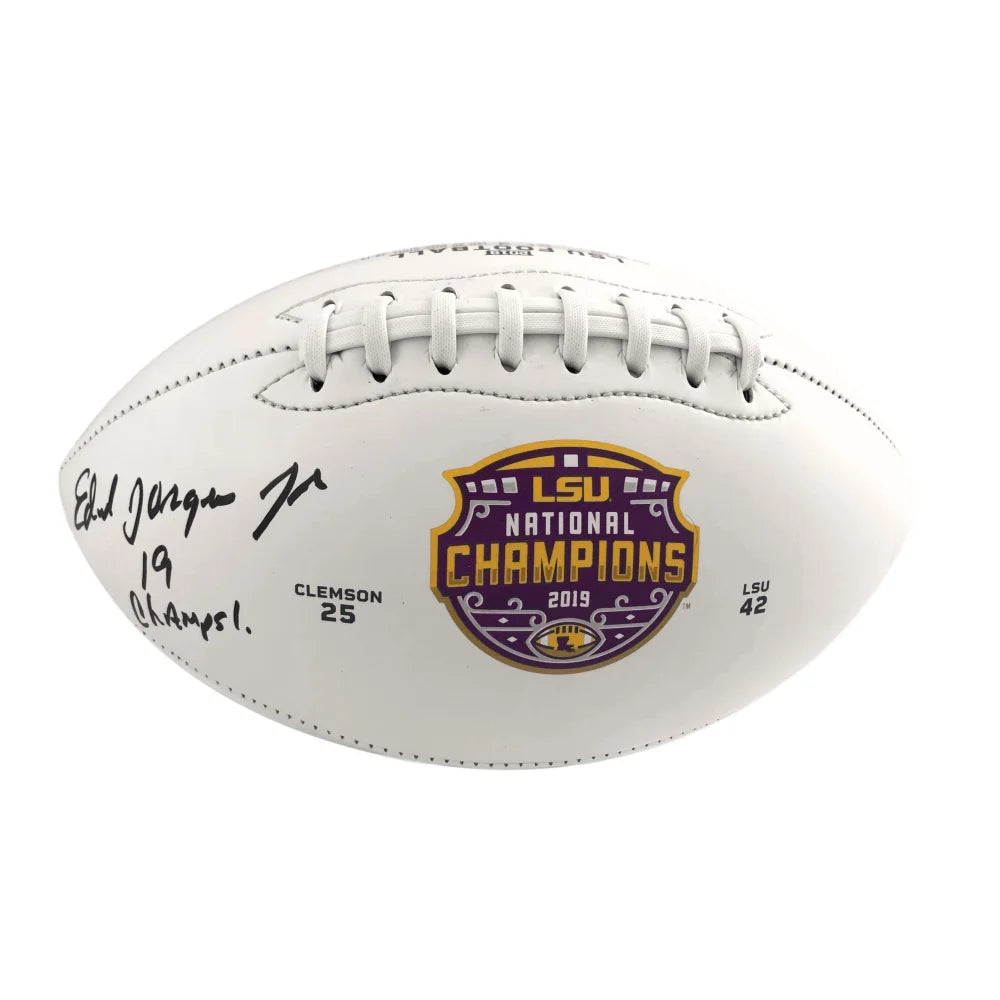 Rugby Field-Ed Orgeron Signed LSU White Panel Football Inscribed "19 Champs!" JSA COA Autograph